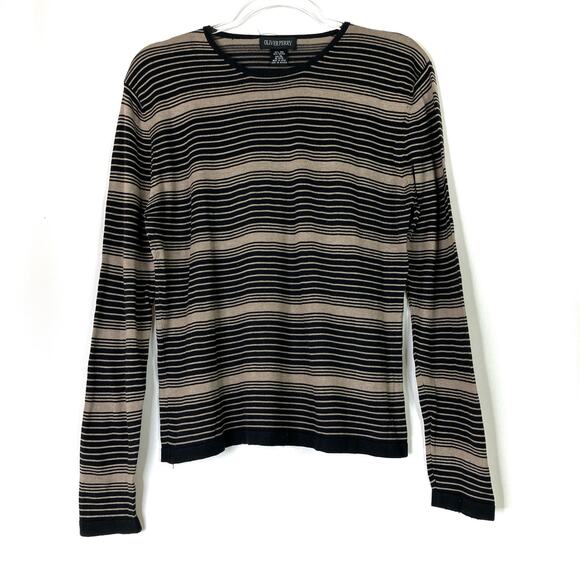 Oliver Perry | Black Beige Striped Silk Cotton Lightweight Sweater Womens XL - Picture 1 of 5